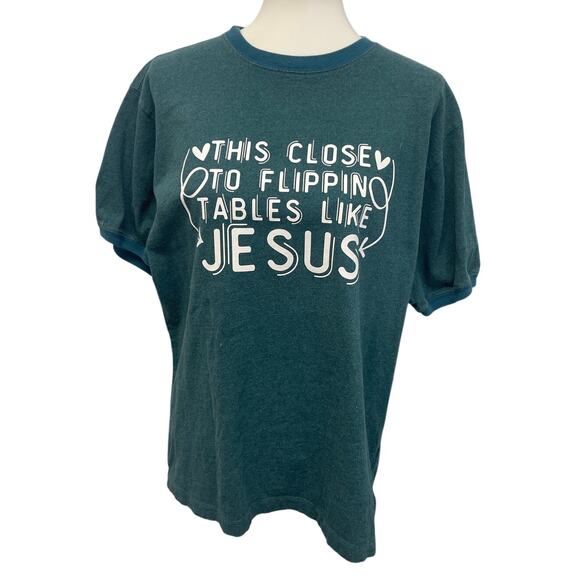 Hand Printed Upcycled Mens Medium Close to Flippin Tables Like Jesus Tee Shirt - Picture 1 of 5
